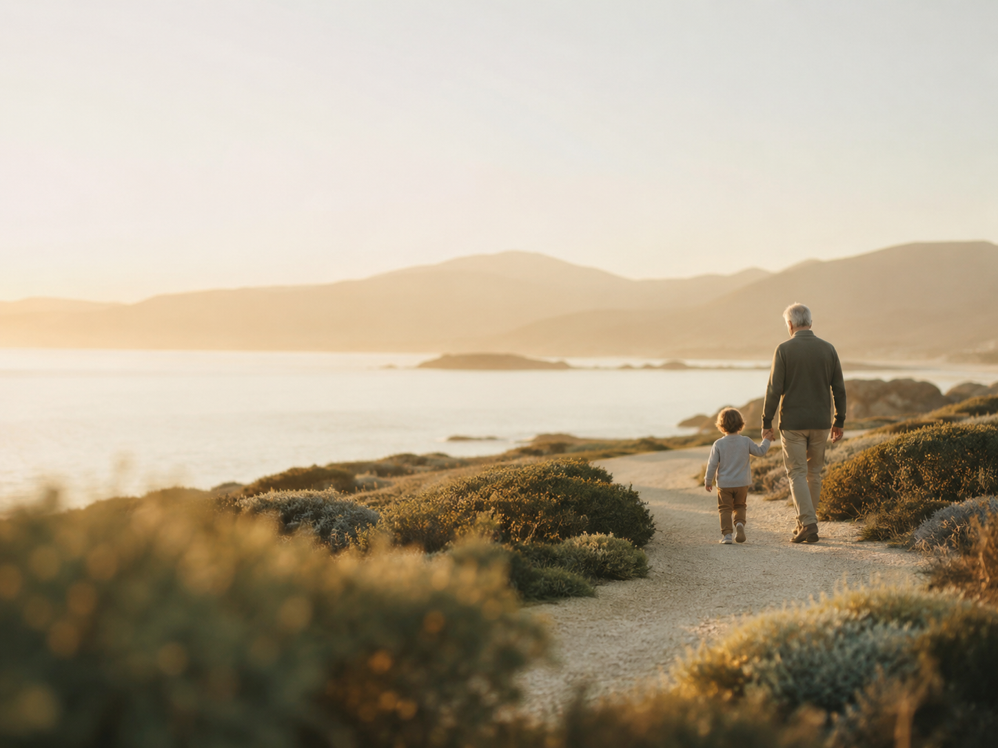 Un dirigeant marche avec un enfant sur un chemin côtier au coucher du soleil.