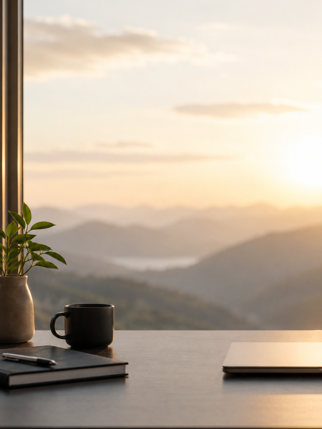 Un bureau calme face à un paysage au lever du soleil.